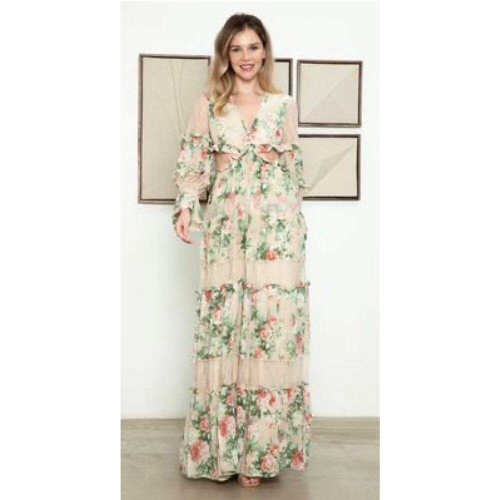 Rosevelvet Women's floral print cutout long sleeve tiered maxi dress size L